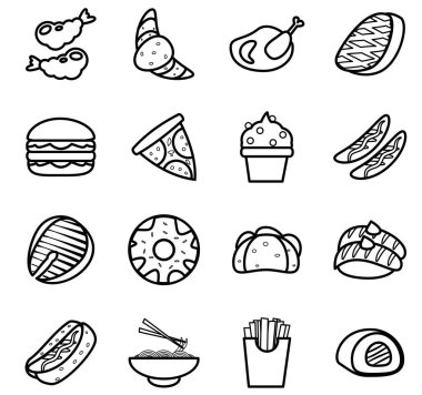 Hamburger, pizza, dondurma, sosisli, taco, suşi ve patates kızartması gibi siyah ana hatlı taze simgeli Japon fast food ürünlerinin renkli bir çizimi.