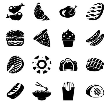 Hamburger, pizza, dondurma, sosisli sandviç, taco, suşi ve patates kızartması gibi koyu renkli simgelerle çeşitli Japon fast food ürünlerinin renkli bir çizimi.