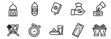 Bir cami, fener, Kuran, yardım çantası, bağış kutusu, yemek zamanı, saat, tarih, tarih, su, dua paspası ve dua eden eller de dahil olmak üzere siyah ana hatlı zarif ramazan etkinlik simgeleri koleksiyonu
