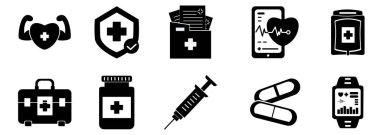 Kas, tıbbi kalkan, tıbbi belge, kalp monitörlü tablet, kan torbası, ilaç torbası, şırınga, hap ve akıllı saat içeren siyah katı tarzda ikonlar.