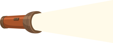 Dikdörtgen düğmeli bir çizgi film stili kahverengi el feneri kaynağı parlak bir ışık huzmesi yayıyor. Işık, etrafındaki karanlığın içindeki görünmez deneklere doğru aydınlanıyor..