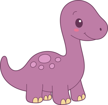 Bu, mor bir dinozorun şirin, çizgi film tarzı bir çizimi. Uzun bir boyun, gülümseyen bir ifade ve vücudunda yuvarlak noktalar vardır. Çocukların eğitim materyalleri için ideal.