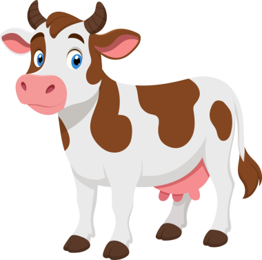 Beyaz ve kahverengi yamalı çizgi film tarzı bir inek, simsiyah bir zemine karşı duruyor. İneğin pembe bir burnu ve kulakları ve pembe bir sesi vardır. Toynakları kahverengi..