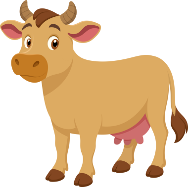 Açık kahverengi paltolu, koyu kahverengi toynaklı ve pembe memeli, karikatür tarzı bir inek resmi. İneğin büyük, anlamlı gözleri ve küçük boynuzları vardır, hepsi siyah bir arka plana dayanır..