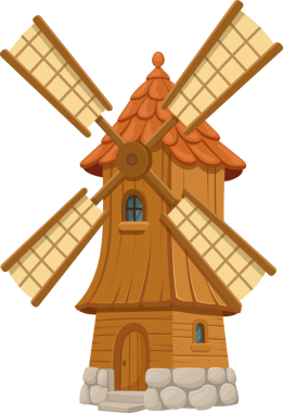 Yel değirmeninin hoş bir çizimi. Sergide taş tabanlı ahşap bir yapı, fayanslı bir çatı ve dört yelkenli yer alıyor. Yel değirmeni karanlık bir arka plana karşı kırsal bir cazibe yayar..