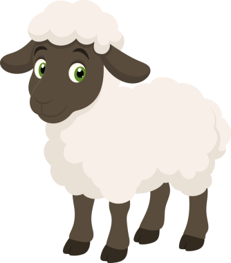 Bu şirin, çizgi film tarzı bir koyun resmi. Koyunun açık renkli, tüylü bir ceketi var. Yüzü, kulakları ve bacakları kahverengidir. Koyunların yeşil gözleri var ve dost canlısı ve mutlu görünüyorlar..