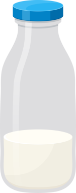 Bir illüstrasyonda yarı dolu bir şişe sıvı madde, muhtemelen süt, parlak mavi bir başlıkla çevrili, hepsi de koyu siyah bir arka planda yer alıyor. Şişe beyazlar ve grilerle çizilmiş..