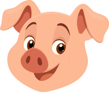 Pembe derili, sarkık kulaklı ve büyük burunlu bir domuzun kafasını gösteren bir karikatür. Domuzun mutlu bir ifadesi var. Arkaplan siyah, figürün vurgulanmasına yardımcı olur.