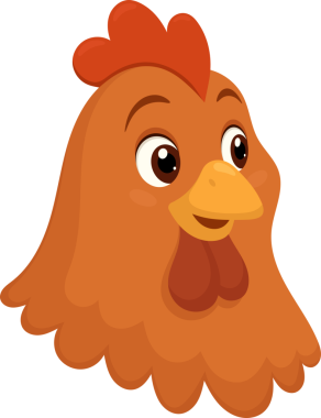 Çizgi filmdeki tavuk kafası tasviri. Tavuğun turuncu tüyleri, parlak kırmızı bir tarak ve sarı bir gagası vardır. Büyük, anlamlı gözlere ve dostça bir ifadeye sahip. Arkaplan siyah.