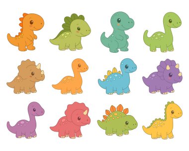 Bu resim, beyaz bir zemin üzerinde duran, sıra sıra dizilmiş, çeşitli renklerde on iki sevimli karikatür dinozorunu içerir. Her dinozorun kendine has bir şekli ve tarzı vardır..