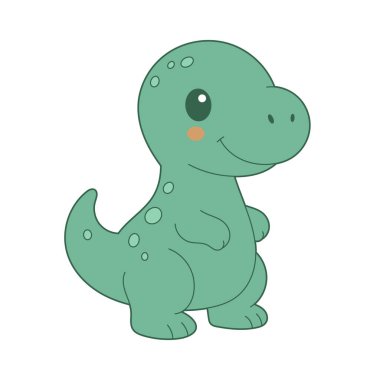 Dost canlısı, yeşil bir karikatür dinozor şakacı bir şekilde duruyor. Vücudunda yuvarlak kenarları ve daireleri olan tasarımı basittir. Dinozorun nazik bir gülümsemesi ve küçük bir kızarıklığı var, onu çekici kılıyor..