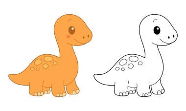 Bir çizgi filmde siyah-beyaz ana hatlı versiyonunun yanında, çocuk renkleri veya öğrenme faaliyetleri için ideal benekleri olan sevimli turuncu bir dinozor bulunur. Basit, eğlenceli ve çekici..