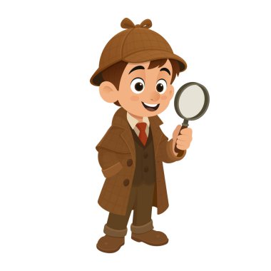 Kahverengi ceketli, pantolonlu ve şapkalı, elinde büyüteçle dedektif gibi giyinmiş bir çizgi film çocuğu. Gülümsüyor, dedektiflik aletleriyle gizemleri çözmeye hazır..