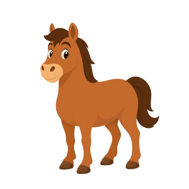 Bu resim kahverengiye boyanmış koyu kahverengi yeleli ve kuyruklu bir çizgi film atını tasvir eder. Atın yumuşak bir ifadesi var, bu da çocukları cezbediyor..