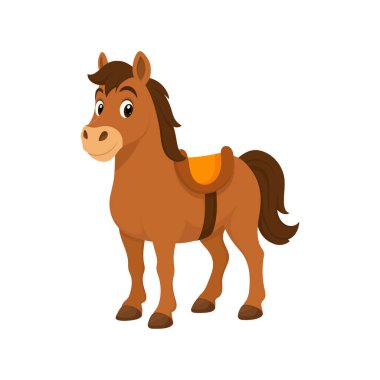 Tarzlı bir çizgi film atı temiz beyaz bir arkaplanda duruyor. Kahverengi bir ceket, koyu renk yelesi ve kuyruğu ve parlak turuncu bir eyeri vardır. Atın hoş bir yüz ifadesi var, dostluğu ima ediyor..