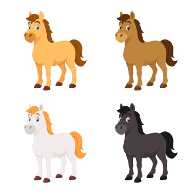 Her birinin eşsiz bir renk paleti olan dört karikatür tarzı at koleksiyonu. Sade, beyaz bir arkaplanda dururlar, basit ve eğlenceli bir görüntü sunarlar.. 