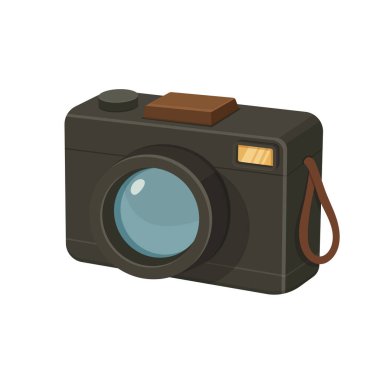 Beyaz arka planda dijital bir kameranın izole edilmiş bir illüstrasyonu. Kamera mavi mercek ve kahverengi kayışla siyahtır ve flaş ve düğmeler gibi ek detaylara sahiptir..