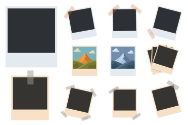 Çeşitli düzenlemelerle anlık fotoğraf çerçeveleri koleksiyonu. Bazı çerçeveler boş, bazılarında stilize dağ manzaraları var. Birçok çerçeve bantla korunur. Beyazda izole edilmiş.