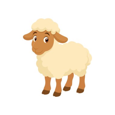 Sevimli bir çizgi film koyunu düz beyaz bir arka planda duruyor. Koyun, krem rengi, tüylü postu, açık kahverengi yüzü ve bacakları ile karakterize edilir. Özellikleri şirinliğini artırıyor..