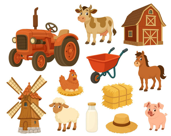 A colorful cartoon illustration depicts an idyllic farm scene. There's a tractor, barn, windmill, and a variety of farm animals including a cow, horse, pig, sheep, and chicken, creating a rural atmosphere.