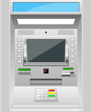 Bir ATM 'nin ön görüntüsünü gösteriyor. Özellikler arasında bir ekran, tuş takımı, kart yuvaları, para dağıtıcı ve bilgilendirme ekranı yer alıyor. Kamu maliyesi erişimi.