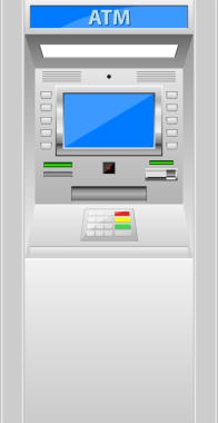 Serbest çalışan bir Otomatik Teller Makinesi, mali işlemler ve bankacılık hizmetlerine erişim için bir ekran, tuş takımı ve nakit dağıtım yuvası ile resmedilir.