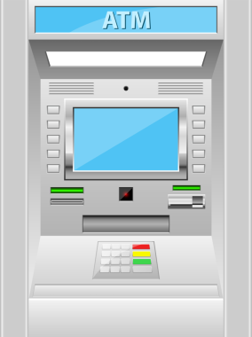 Dijital görüntüleme, ekranı, tuş takımı ve para ve makbuzları olan bir kamu otomatik veznedar makinesini (ATM) gösteriyor..