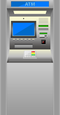 Bu resimde mavi ekran, sayısal tuş takımı ve yuvaları olan gri bir ATM var. Makine, yüzeyinden yansıyan ışıkla önde duruyor..