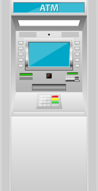 Bu bir ATM makinesinin çizimi. Bir ekran, tuş takımı, kart makineleri ve nakit para için bir dağıtıcı içeriyor. Bankacılık görevlerinde kullanılır..