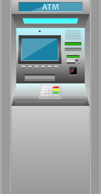 Görüntü bir Otomatik Teller Machine (ATM), bir ekran ekranı, sayı tabanı ve çeşitli yuvaları ile sergiliyor. Gümüş ve gri tonlarda tasvir edilir..