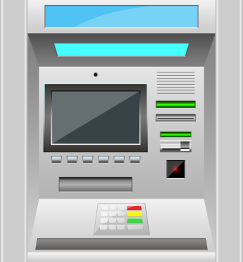 Yakın plan bir resim, ekran, kart yuvaları, tuş takımı ve fatura prizi olan modern bir otomatik veznedar (ATM) tasvir eder. ATM, tarafsız ve halka açık bir yerde kurulmuş..