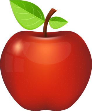 Parlak, canlı kırmızı bir elma siyah bir arkaplana karşı sergilenir. Elma iki yemyeşil yaprak ve kısa kahverengi bir gövdeye sahiptir..