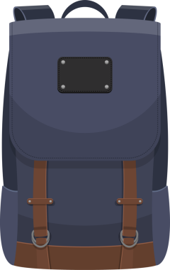 Kahverengi kayışlı ve siyah etiketli mavi ve kahverengi bir sırt çantasının karikatür çizimi. Çantanın sapı var ve sırtında taşınması için tasarlanmış..