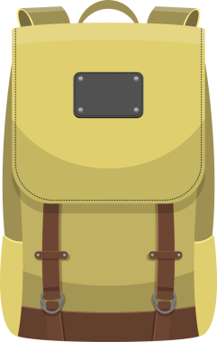 Klasik bir bronz ten ve kahverengi sırt çantası sergilenir. Bu sırt çantasının gri perçin ve metal halkalı kahverengi kemerli boş bir dikdörtgen yaması var..