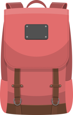 Taşımak için üst kulpu olan mercan renkli eski bir sırt çantası. Kayışlar kahverengi ve sırt çantasının altı da daha koyu kahverengi..