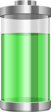 Saydam kabı dolduran yeşil sıvıyla gösterilen tam pil şarjını gösteren dijital bir çizim. Pilin her iki ucunda da gümüş kapaklar var..