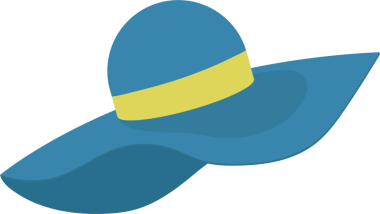 Yüzü güneşten korumak için tasarlanmış geniş kenarlı bir deniz mavisi şapka. Tacı çevreleyen açık sarı bir şeridi var. Şapka siyah arka planda..