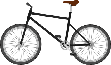 Ayrıntılı bir dijital illüstrasyon siyah bir bisikleti tasvir eder. Kahverengi bir koltuk, farklı teller, engebeli lastikler ve motorun sağlam çerçevesine bağlı işlevsel pedallar..