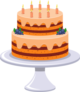 Bir vektör illüstrasyonunda şeftali rengi krema, yabanmersini ve beyaz pasta standında yanan çizgili mumlarla iki katlı bir pasta gösteriliyor. Şenlikli bir ikram..