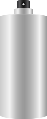 Bu resim gümüş renkli sprey sprey kutusunu gösteriyor. Teneke kutuda, beyaz bir zemine karşı siyah bir başlık var. Teneke kutunun metalik kaplaması parlak bir eğime sahip gibi görünüyor..