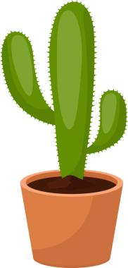 Bir çizgi film resmi, kahverengi bir çömleğe yerleştirilmiş küçük dikenli canlı yeşil bir kaktüsü tasvir eder. Toprak koyu kahverengidir..