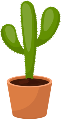 Dijital bir illüstrasyon, yeşil saplı ve kahverengi dikenli bir kaktüs bitkisini tasvir eder ve karanlık toprakla dolu bir terasta tenceresinde saksıya konur. Grafik kullanımı için temiz tasarım.