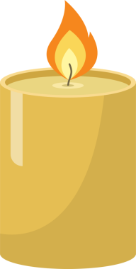 Bu resim, simgesel siyah bir arkaplan üzerinde alev bulunan silindirik bir mumun minimalist, çizgi film tarzı bir illüstrasyonunu sergiliyor, basitliği ve sıcaklığı iletiyor..