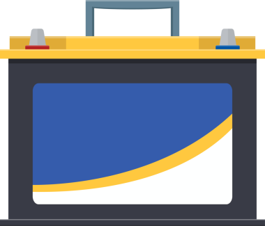 Siyah kaplamalı, mavi ve sarı desenli ve belirgin pozitif ve negatif terminalli bir araç aküsünü gösteriyor. Ulaşım kolaylığı için özellikler.