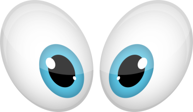 İki çizgi film tarzı göz, parlak bir kapanış, yukarı bak. Gözlerde beyaz sclera, mavi irisler ve siyah gözbebekleri vardır..