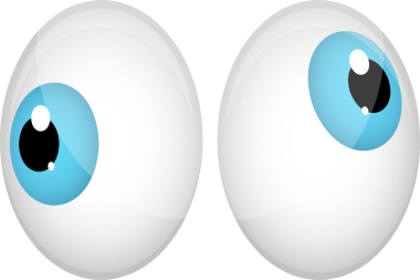 İki gözün karikatürsel çizimi. Sol göz mavi bir iris ile ileriye bakıyor. Sağ gözünde mavi bir göz var ve yukarı ve sağa bakıyor..