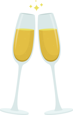 İki şampanya bardağı altın köpüklü sıvıyla doldurulur. Kadehler sanki kadeh kaldırıyormuşçasına birbirine dokunuyor. Üzerlerinde pırıl pırıl altın ışık efektleri var. Arka plan simsiyah..