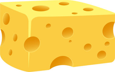Bu resim bir karikatür çiziyor, parlak sarı bir peynir bloğu içinde sayısız delik var. Blok küpe benzer bir yapıya sahiptir ve koyu siyah bir zemine dayanır..
