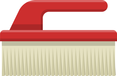 Ev temizlik fırçasının bir çizimi. Fırça, ergonomik tasarımı ve alttaki koyu bej tüylü kırmızı, plastik bir sapa sahiptir..