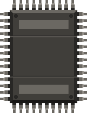 Bu bir mikroçip bileşeninin çizimi. Koyu gri dikdörtgen entegre bir devreden çıkan birçok lobuta sahiptir..